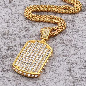 Collier hip hop pour hommes avec pendentif carré doré serti de cristaux brillants