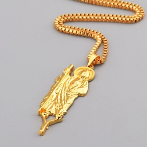 Collier avec pendentif religieux Saint Jude plaqué or poli avec une chaîne box classique