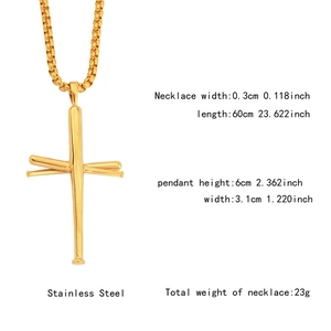 Detailed specs of golden stainless steel baseball bat cross pendant with box chain
