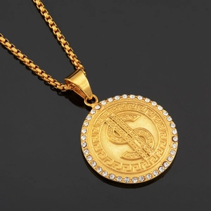 Hip Hop Gold Plated Stainless Steel Dollar Sign Pendant Necklace Rhinestone Greek Key Pattern Box Chain Necklace Jewelry