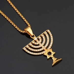 Gold Plated Stainless Steel Menorah Pendant Necklace With Star Of David Rhinestone Religious Jewish Jewelry For Unisex
