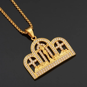 Vintage Gold Plated Stainless Steel Religious The Last Supper Pendant Necklace Hip Hop Rhinestone Jesus Cross Jewelry