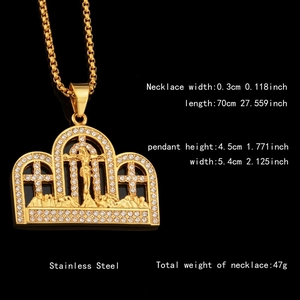 Golden stainless steel The Last Supper cross necklace with white zircons on black background