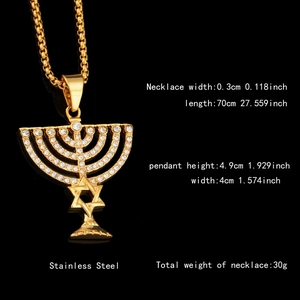 Golden stainless steel Menorah necklace with Star of David and sparkling white crystals