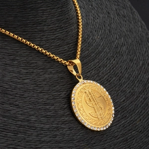 Hip hop gold dollar sign pendant necklace with Greek key pattern and cubic zirconia