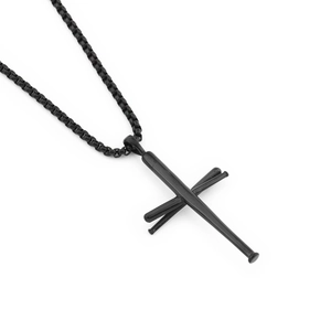 Hip hop black stainless steel necklace featuring crossed baseball bats cross pendant design