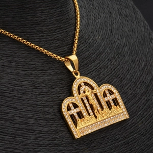 Golden Last Supper religious necklace with triple arch pendant and white crystals