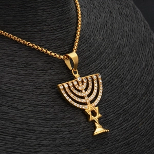 Golden Menorah pendant necklace with Star of David and sparkling crystals on box chain