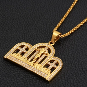 Gold Last Supper crown pendant necklace with Jesus crucifix and sparkling rhinestones