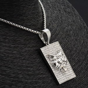 Collier homme punk avec pendentif tigre carré et strass brillants sur chaîne box