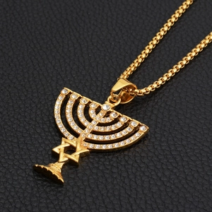 Golden Star of David and Menorah pendant necklace with sparkling cubic zirconia inlay