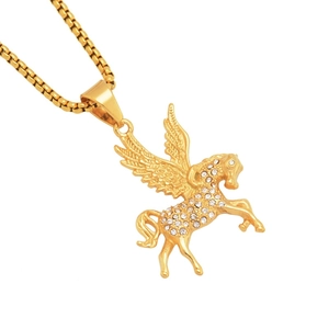 Golden Pegasus pendant necklace with sparkling rhinestones and a polished box chain link
