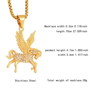 Detailed specs of the gold Pegasus pendant in stainless steel with crystal accents