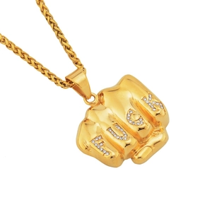 Collier hip hop poing doré avec lettres en cristal et chaîne en épi pour hommes et femmes