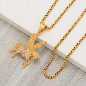 Golden Pegasus pendant necklace with sparkling rhinestones on a square box chain