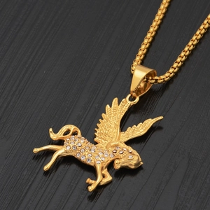 Gold Plated Titanium Steel Pegasus Pendant Necklace For Men Women Hip Hop Rhinestone Inlaid Flying Horse Jewelry Gift