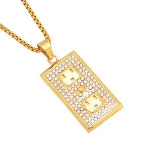 Iced out hip hop electrical outlet pendant necklace in gold finish with white rhinestones