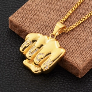 Collier Pendentif Poing en Acier Inoxydable Hip Hop pour Homme Femme Or Strass Lettre Chaîne de Blé Bijoux Mode