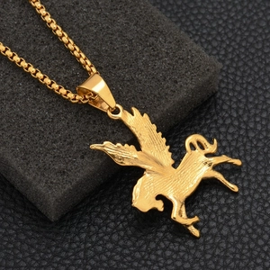 Close-up of golden Pegasus pendant with detailed wings and a sturdy box chain