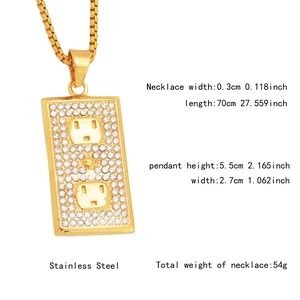Detailed view of gold rectangle socket pendant with pavé crystals and steel chain