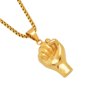 Polished gold fist pendant necklace with stainless steel box chain for men and women