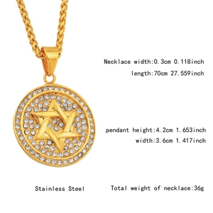 Gold stainless steel hexagram medallion necklace with white cubic zirconia inlay for men