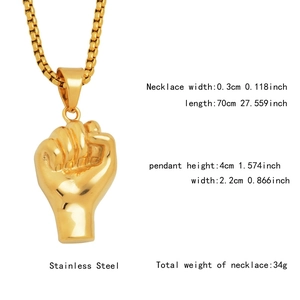 Detailed specs of gold fist pendant necklace in stainless steel with square pearl chain