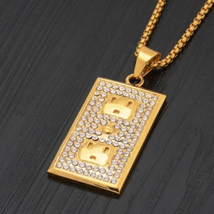 Hip Hop Creative US Power Outlet Socket Pendant Necklace Titanium Steel Gold Plated Full Rhinestone Iced Out Jewelry Unisex