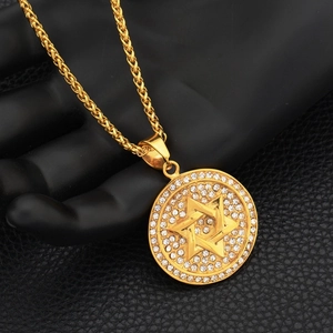 Gold Hexagram Star Medallion Pendant Necklace with Crystal Inlay on Black Leather Background