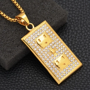 Hip hop gold plated double socket pendant necklace with white rhinestones on box chain