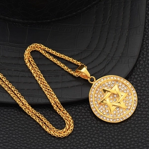 Hip hop gold David Star pendant necklace with rhinestones and thick wheat chain