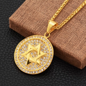 Stainless Steel Hexagram Pendant Necklace For Men Women Gold Plated Star Of David Round Disc Pave Rhinestone Wheat Chain