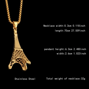 Golden Eiffel Tower pendant necklace in stainless steel with 70cm chain for men and women