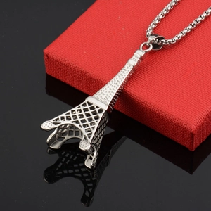 Silver Eiffel Tower pendant necklace in stainless steel with square pearl chain
