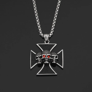 Gothic skull cross pendant necklace in stainless steel with red eyes and box chain