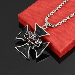 Punk rock silver stainless steel cross necklace with triple skulls and red eyes for men