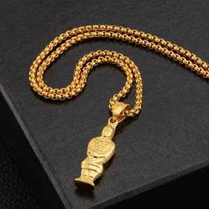 Hip hop fashion necklace with a gold terracotta warrior pendant on black leather