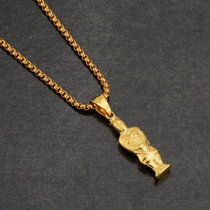 Detailed close-up of golden terracotta warrior pendant on a matching round box chain
