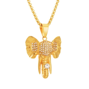 Collier Pendentif Tête d'Éléphant Hip Hop en Acier Inoxydable Or Strass Charme Animal Bijoux pour Hommes Femmes