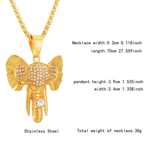 Collier hip hop avec pendentif éléphant doré, cristaux et chaîne box en acier inoxydable