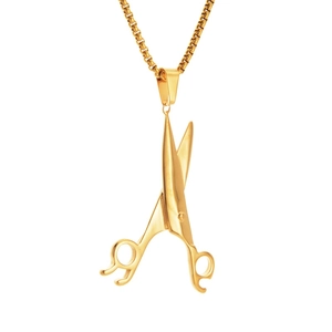 Golden scissor pendant necklace in polished stainless steel with round pearl chain links