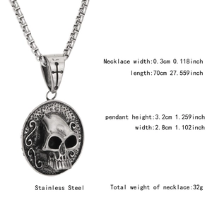 Detailed specs of stainless steel skull pendant necklace with box chain dimensions