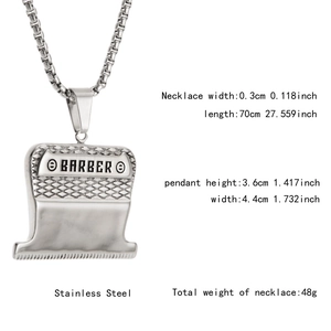 Barber shear pendant necklace specifications showing dimensions and stainless steel material