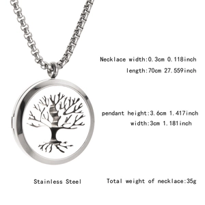 Detailed specs of the stainless steel Tree of Life pendant with chain length and weight