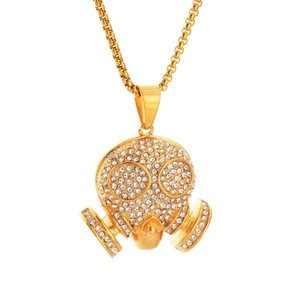 Collier hip hop avec pendentif masque à gaz doré serti de strass blancs brillants