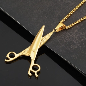 Hip hop style gold scissor pendant necklace with grid texture on box chain for men and women