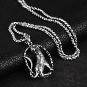 Collier pendentif guépard hip hop en acier titane argenté avec chaîne box épaisse
