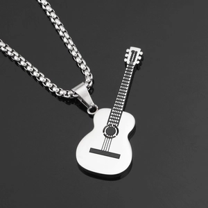 Sleek silver guitar pendant necklace in hip-hop style with detailed black box chain