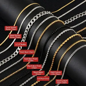 Collier Chaîne en Acier Titane Hip Hop pour Hommes Femmes Chaîne Boîte Twist Cuban Or Argent Noir Bijoux Punk Minimalistes