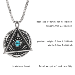 Macro shot of stainless steel Freemason pendant featuring the All-Seeing Eye detail